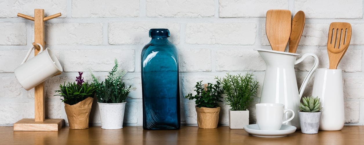 eco-cleaned home kitchen surface with blue vase